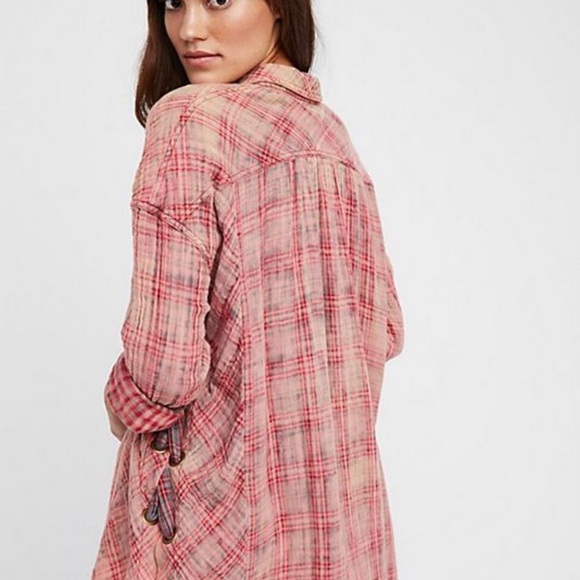 Free People Nordic Nights Buttondown Plaid lace up sz M - Picture 2 of 10